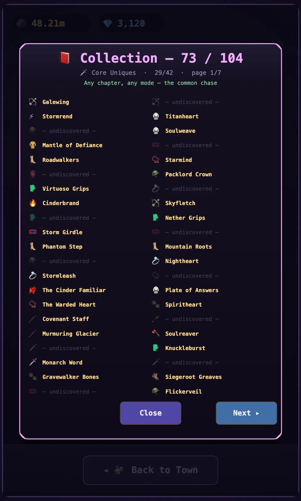 The Collection page at 73 of 104 uniques found, each pool naming where its relics drop