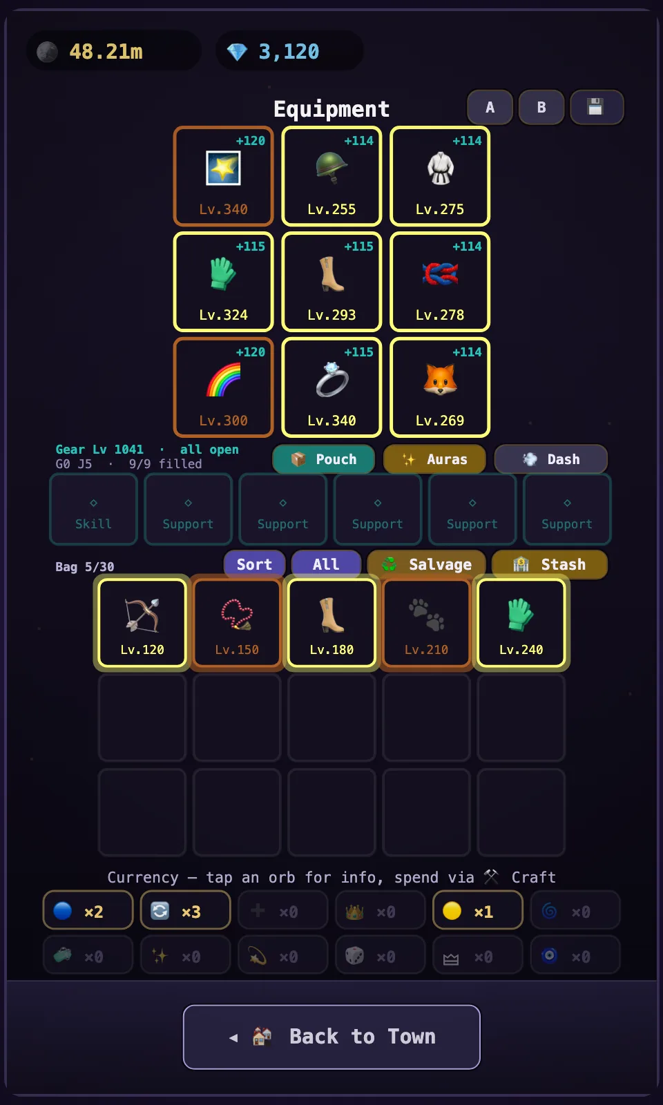 The equipment screen with a full endgame kit in all nine gear slots, the gem links and the currency panel