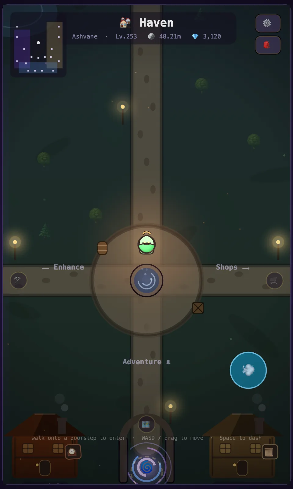The town hub of Haven of the Gods at night — eighteen doorsteps including the Forge, the Trading Post and the Adventure portal